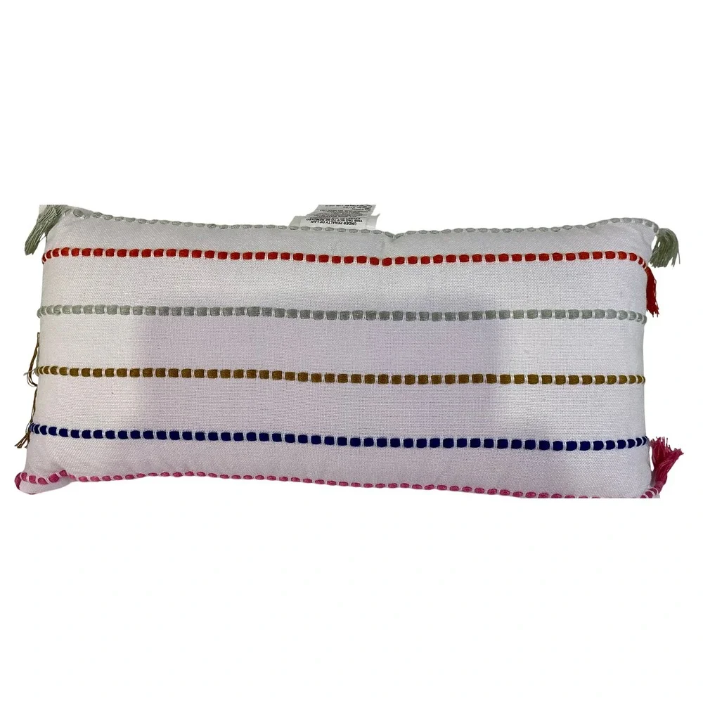 Threshold Running Lines Lumbar Throw Pillow 12x24 White Multicolor‎ Tassels